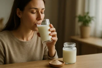 Žena pije kolostrum z pohára, vedľa sú ďalšie produkty kolostra.