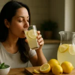 Žena pije osviežujúcu limonádu so šťavnatými citrónmi a mätou.