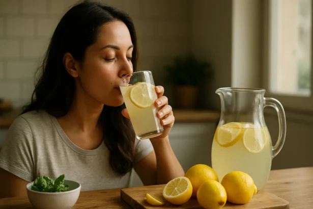 Žena pije osviežujúcu limonádu so šťavnatými citrónmi a mätou.