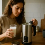 Žena pripravuje mlieko pomocou mliečneho variča.