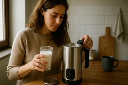 Žena pripravuje mlieko pomocou mliečneho variča.