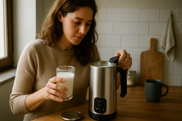 Žena pripravuje mlieko pomocou mliečneho variča.