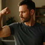 Muž ukazujúci svoju svalovú silu a zdravie v interiéri