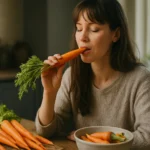 Žena si vychutnáva čerstvú mrkvu pri jedálenskom stole.