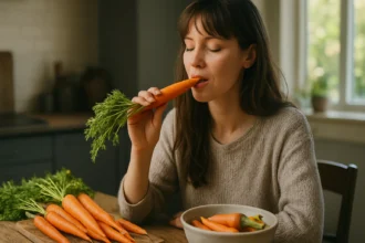 Žena si vychutnáva čerstvú mrkvu pri jedálenskom stole.