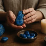 Ručne drži lapis lazuli kámen a sviečka v pozadí