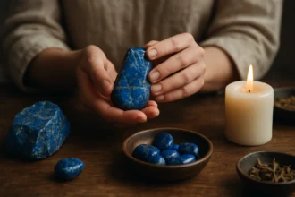 Ručne drži lapis lazuli kámen a sviečka v pozadí