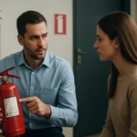 Muži vysvetľujúci hasiaci prístroj žene v kancelárii.