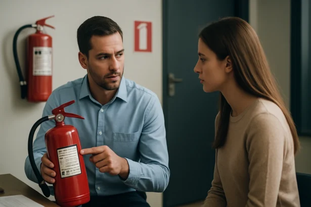 Muži vysvetľujúci hasiaci prístroj žene v kancelárii.