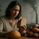 Žena znepokojená nad chlebom v kontexte životného prostredia.