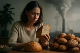 Žena znepokojená nad chlebom v kontexte životného prostredia.