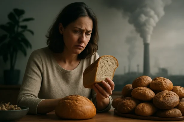 Žena znepokojená nad chlebom v kontexte životného prostredia.
