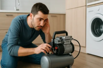 Muž kontroluje tichý kompresor v domácnosti.