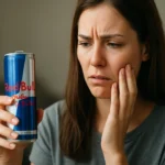 Žena drží plechovku Red Bull s znepokojeným výrazom.