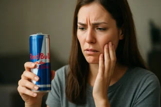 Žena drží plechovku Red Bull s znepokojeným výrazom.