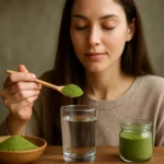 Žena drží lyžičku moringa prášku pred pohárom vody.