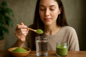 Žena drží lyžičku moringa prášku pred pohárom vody.