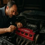 Mechanik upravuje Honda VTEC motor v dielni pre maximálny výkon.