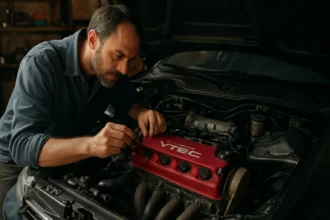 Mechanik upravuje Honda VTEC motor v dielni pre maximálny výkon.