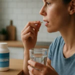 Žena berie Ketosteril s pohárom vody na zlepšenie zdravia obličiek