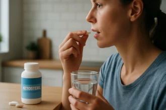 Žena berie Ketosteril s pohárom vody na zlepšenie zdravia obličiek