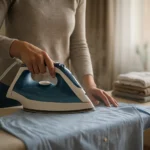 Osoba žehliaca modrú košeľu parnou žehličkou doma.