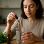 Žena pridáva kôprový extrakt do pohára s vodou na stôl