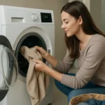 Žena vklada uterák do parnej práčky v moderne zariadenej práčovni