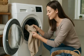 Žena vklada uterák do parnej práčky v moderne zariadenej práčovni