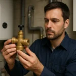 Muž skúma trojcestný ventil v technickej prevádzke