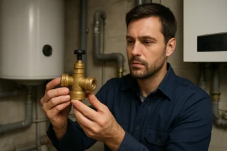 Muž skúma trojcestný ventil v technickej prevádzke