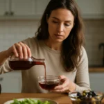 Žena nalieva červený vínny ocot do misky v kuchyni.