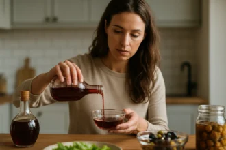 Žena nalieva červený vínny ocot do misky v kuchyni.