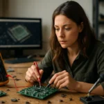 Žena analyzuje obvod s tranzistormi na stole