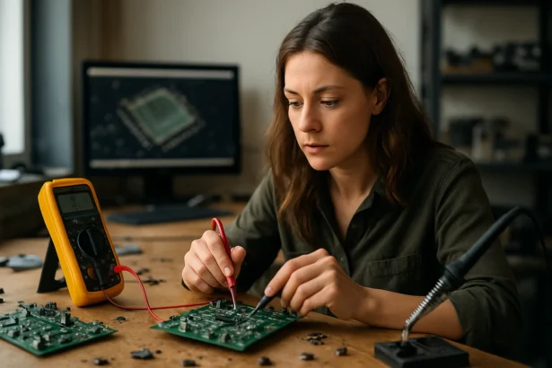 Žena analyzuje obvod s tranzistormi na stole