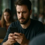 Muž s mobilným telefónom v kaviarni, zamyslený a sústredený.