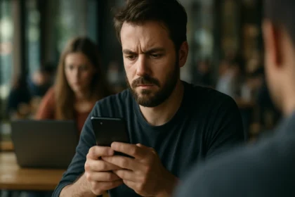 Muž s mobilným telefónom v kaviarni, zamyslený a sústredený.