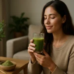 Žena si vychutnáva zelený smoothie s COTIFIBRA pre dokonalú pohodu.