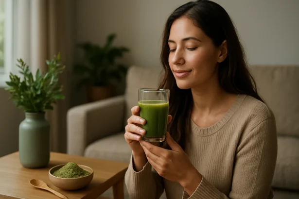 Žena si vychutnáva zelený smoothie s COTIFIBRA pre dokonalú pohodu.
