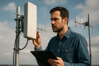 Muž nastavuje anténu na streche budovy pre lepší signál