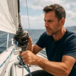 Muž ovládajúci fockroller na plachetnici