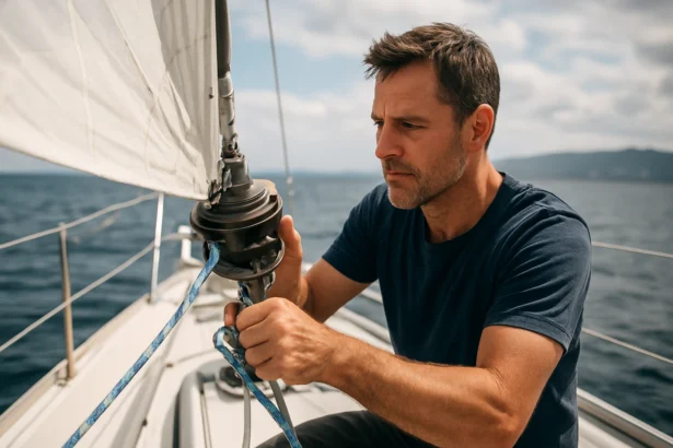 Muž ovládajúci fockroller na plachetnici