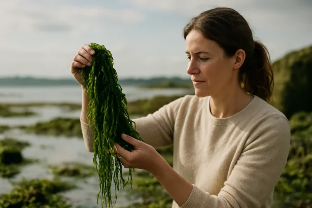 Žena drží riasy pri mori, symbol zdravia a udržateľnosti.