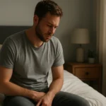 Muž sedí na posteli a vyzerá zamyslene, s rukou na bruchu.