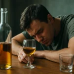 Muž s alkoholom zažívajúci negatívne účinky pitia.