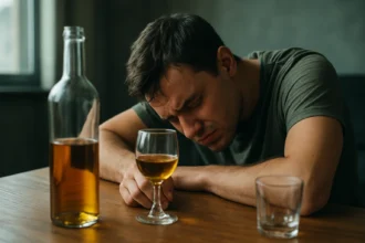 Muž s alkoholom zažívajúci negatívne účinky pitia.