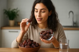 Žena s datľami v ruke a misou na stole, vychutnávajúca si zdravú pochúťku.