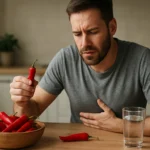 Muž s pálivou paprikou prežíva bolesti žalúdka.