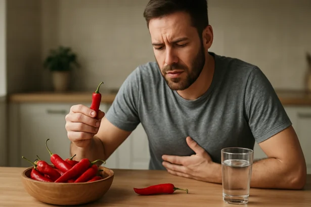 Muž s pálivou paprikou prežíva bolesti žalúdka.