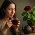 Žena vychutnáva čaj z čierneho pelargónia s kvetmi na pozadí.